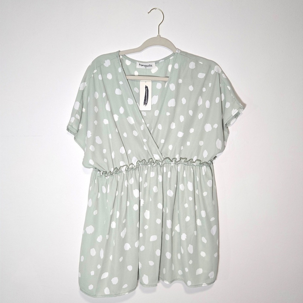 Impressions Peplum Blouse Womens Large Sage Green Polka Dot V-Neck Empire Waist